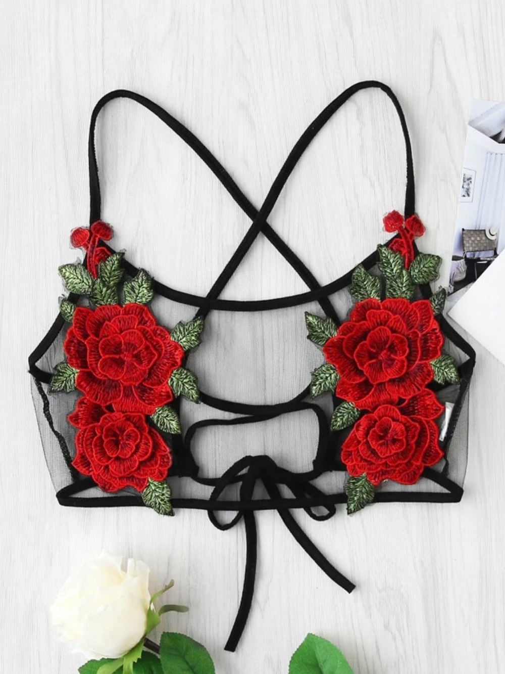 ROMWE Rose Applique Lace Up Back Sheer Mesh Bralet
